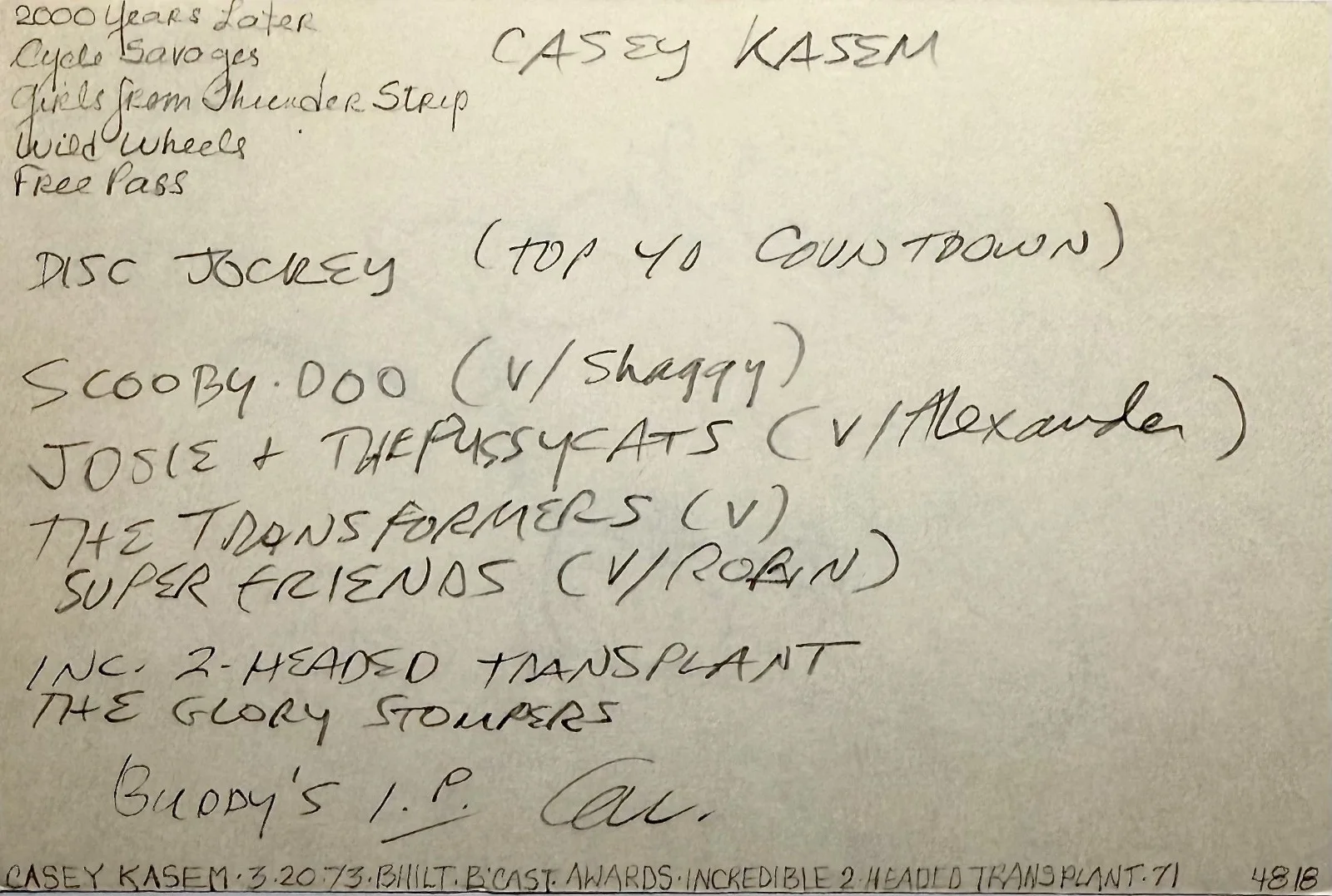 Casey Kasem — CASEY KASEM Signed Autographed 4"x 6" INDEX CARD American Top 40 DISC JOCKEY, image 2