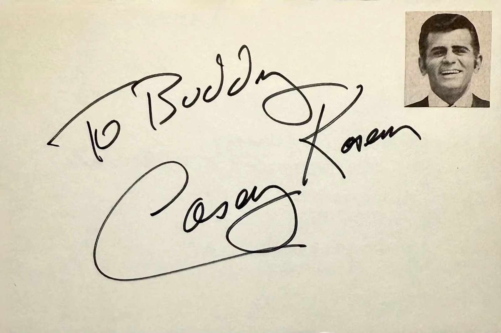 Casey Kasem — CASEY KASEM Signed Autographed 4"x 6" INDEX CARD American Top 40 DISC JOCKEY, image 3