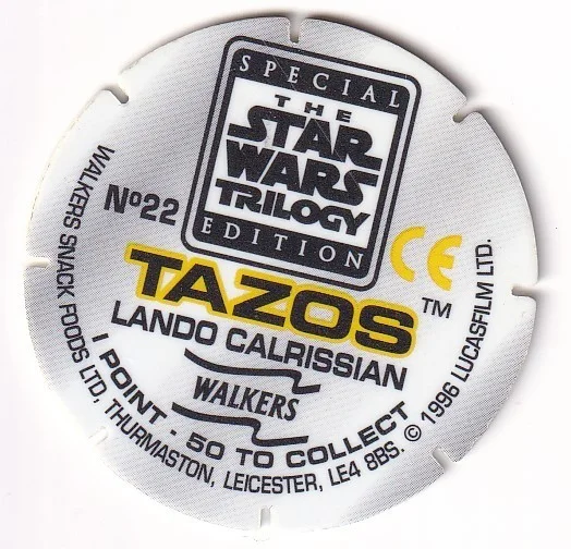 1996 WALKERS - STAR WARS TRILOGY - SINGLE TAZO No 22 LANDO CALRISSIAN, изображение 2