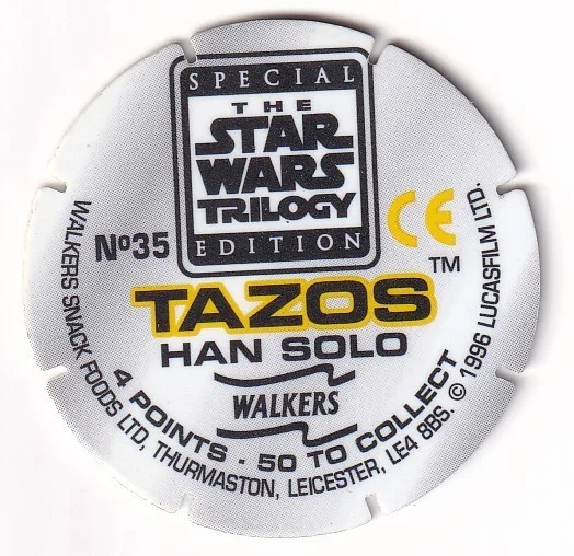 1996 WALKERS - STAR WARS TRILOGY - SINGLE TAZO No 35 HAN SOLO, изображение 2