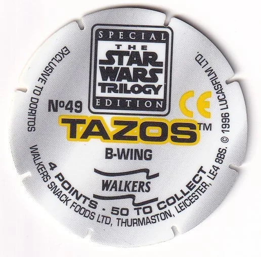 1996 WALKERS - STAR WARS TRILOGY - SINGLE TAZO No 49 B-WING, image 2