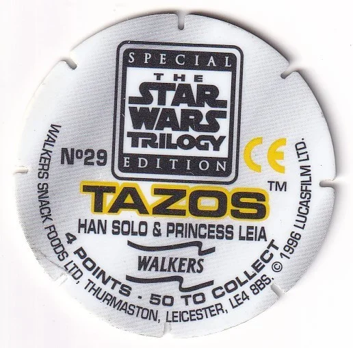 1996 WALKERS - STAR WARS TRILOGY - SINGLE TAZO No 29 HAN SOLO & PRINCESS LEIA, изображение 2