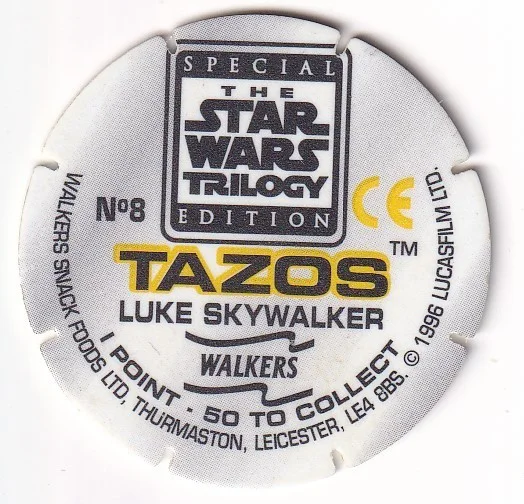 1996 WALKERS - STAR WARS TRILOGY - SINGLE TAZO No 8 LUKE SKYWALKER, изображение 2