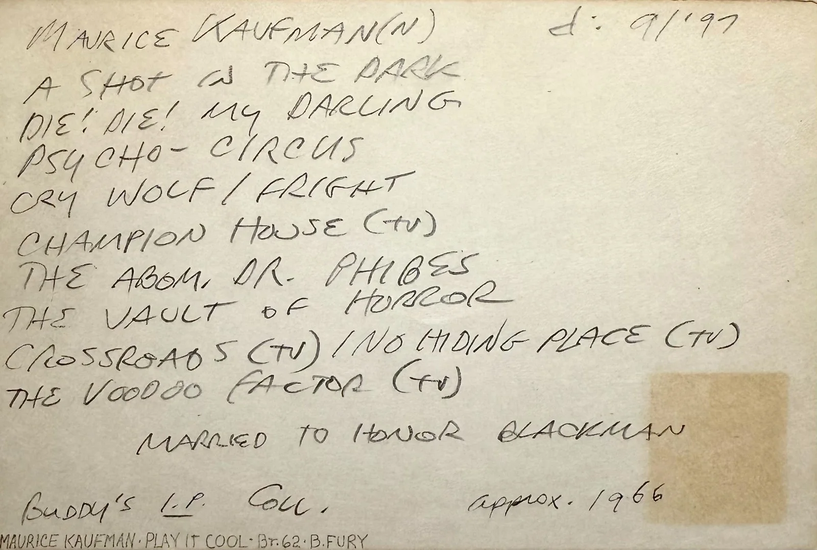 Maurice Kaufmann — MAURICE KAUFMANN Signed Autographed 4"x 6" INDEX CARD The Vault of Horror GORGO, image 2