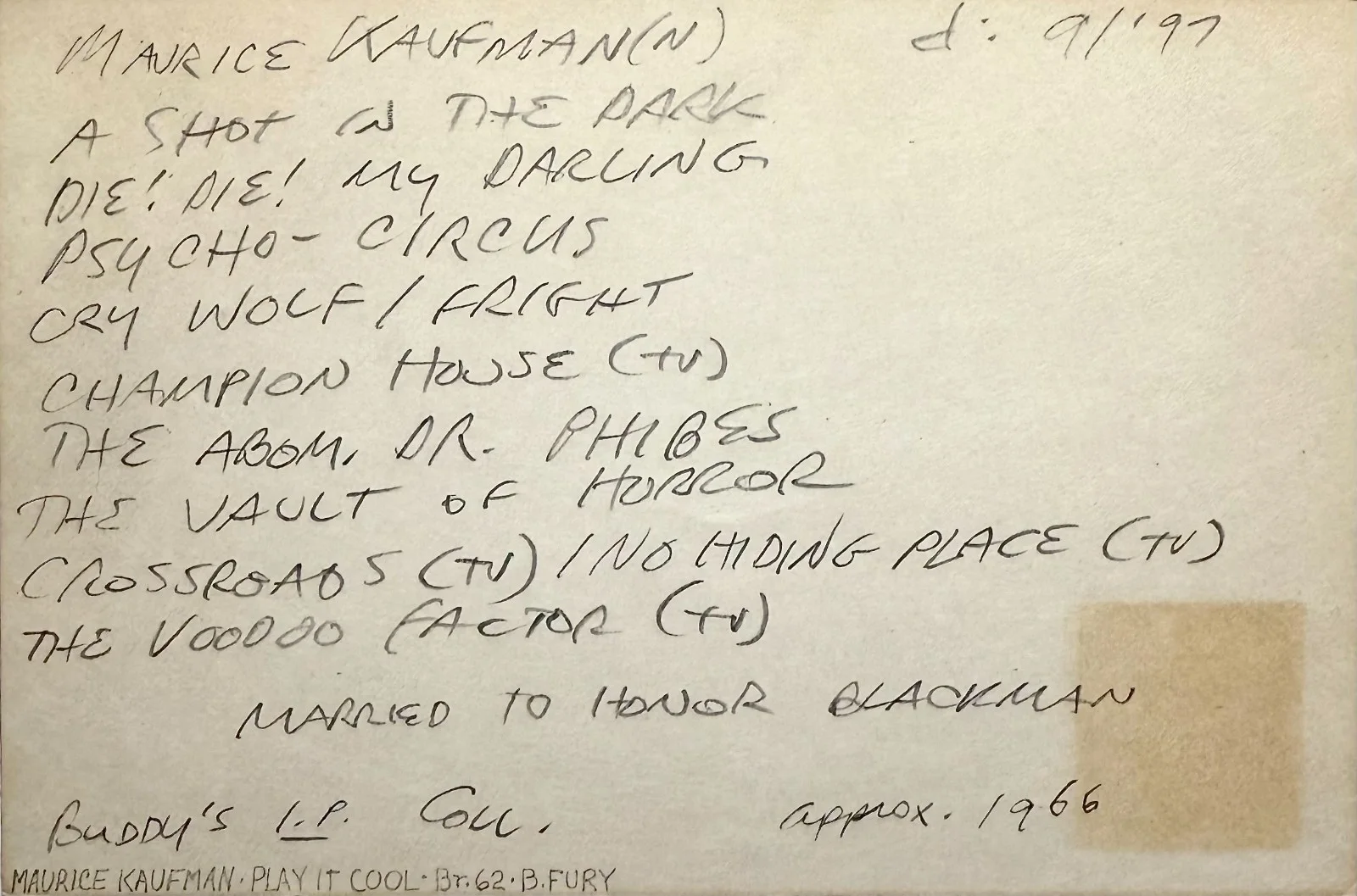 Maurice Kaufmann — MAURICE KAUFMANN Signed Autographed 4"x 6" INDEX CARD The Vault of Horror GORGO, image 4