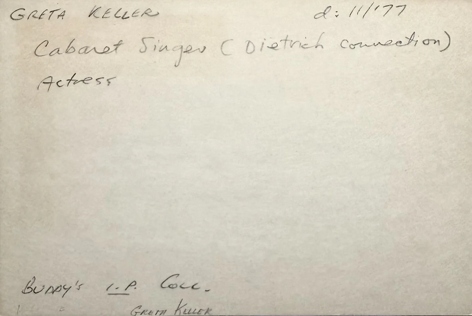 Greta Keller — GRETA KELLER Signed Autograph 4x6 INDEX CARD "The Great Lady of Chanson" SINGER, image 2