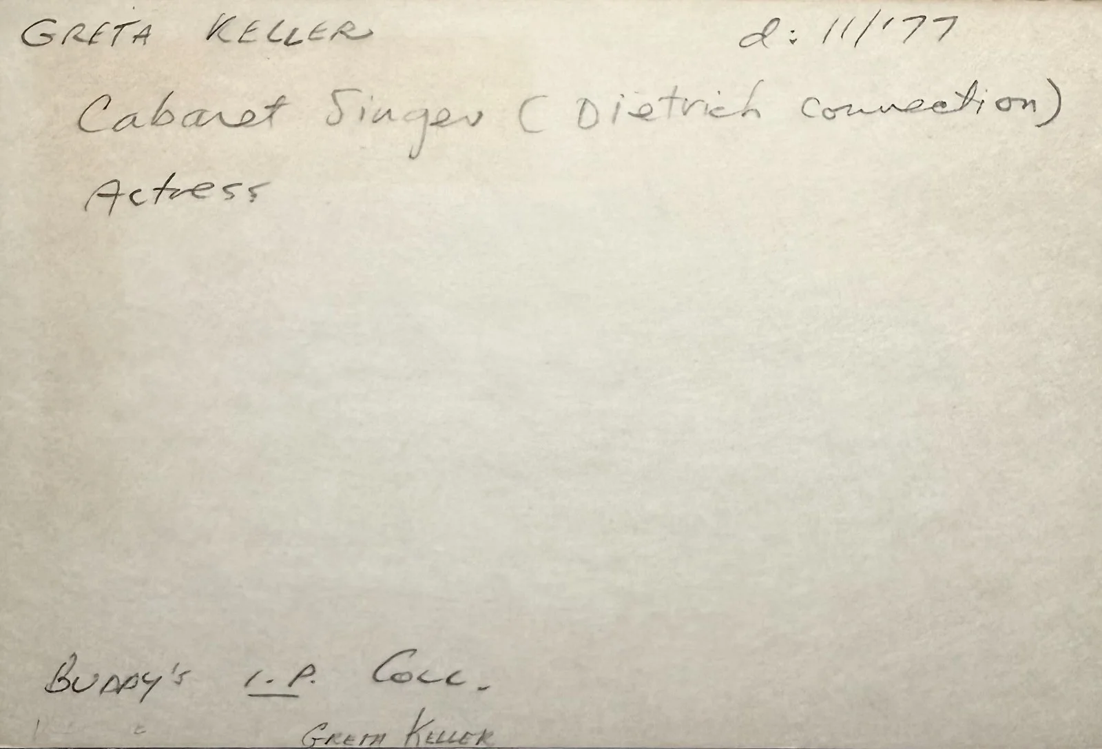 Greta Keller — GRETA KELLER Signed Autograph 4x6 INDEX CARD "The Great Lady of Chanson" SINGER, image 4