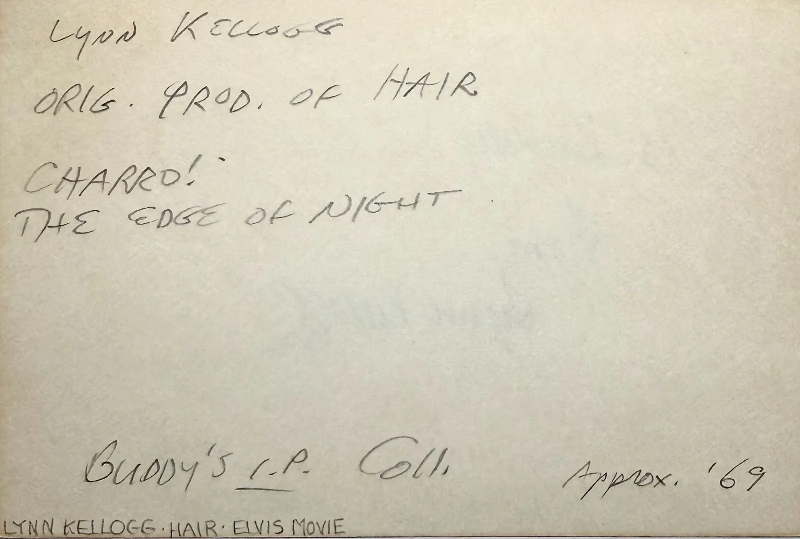 Lynn Kellogg — LYNN KELLOGG Signed Autographed 4x6 INDEX CARD SINGER HAIR Elvis Presley Charro!, image 2