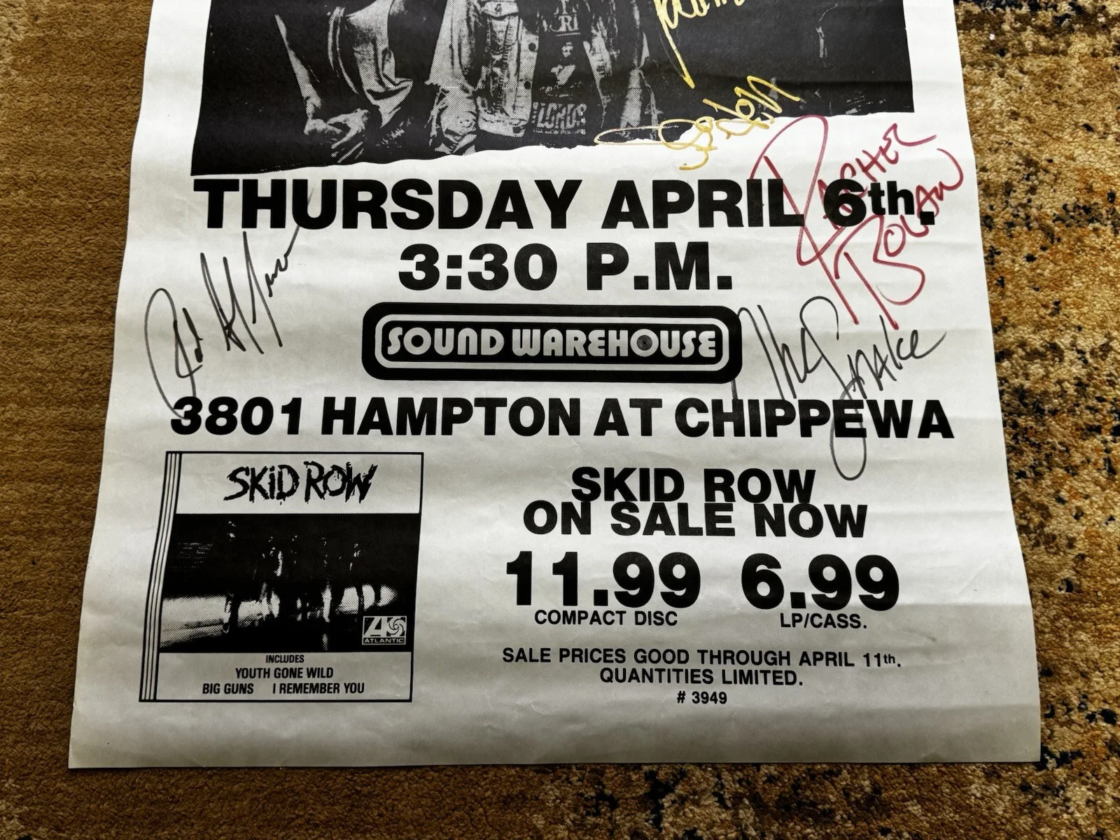SKID ROW BAND SIGNED 1989 RECORD CD STORE MEET & GREET POSTER RARE 34.5”x23”, изображение 2