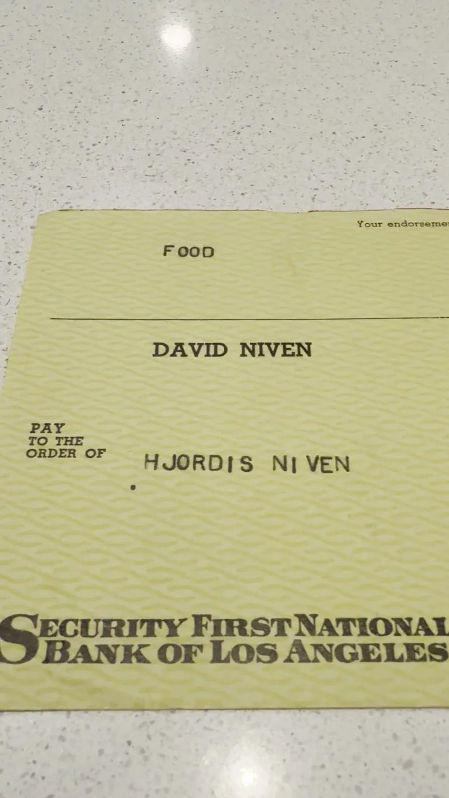 1960 Signed Personal Check – David Niven – $100 – Security First National 1960, image 2