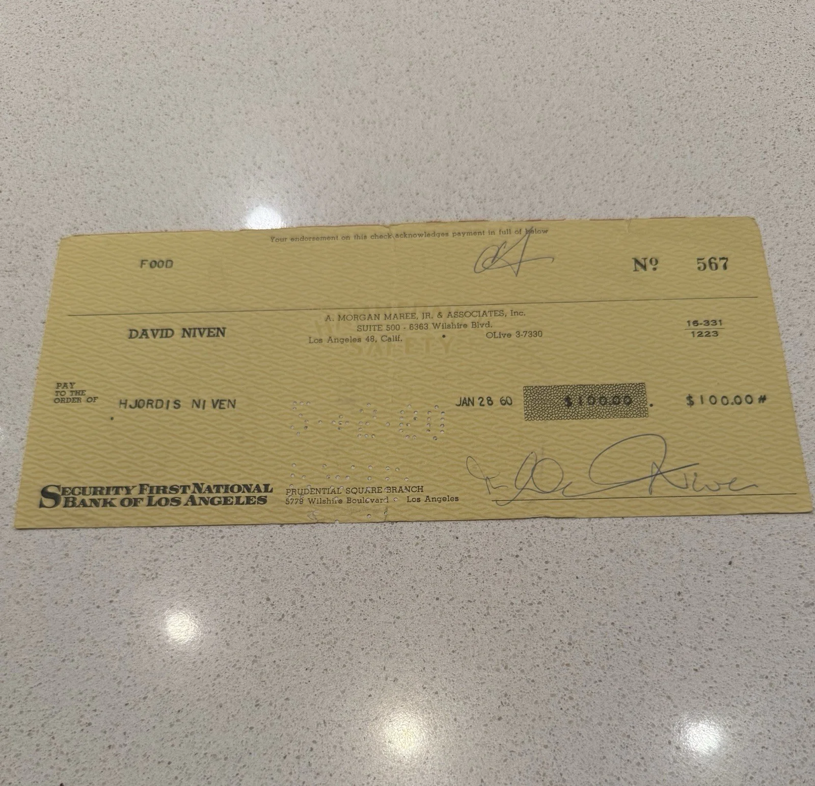 1960 Signed Personal Check – David Niven – $100 – Security First National 1960, image 3