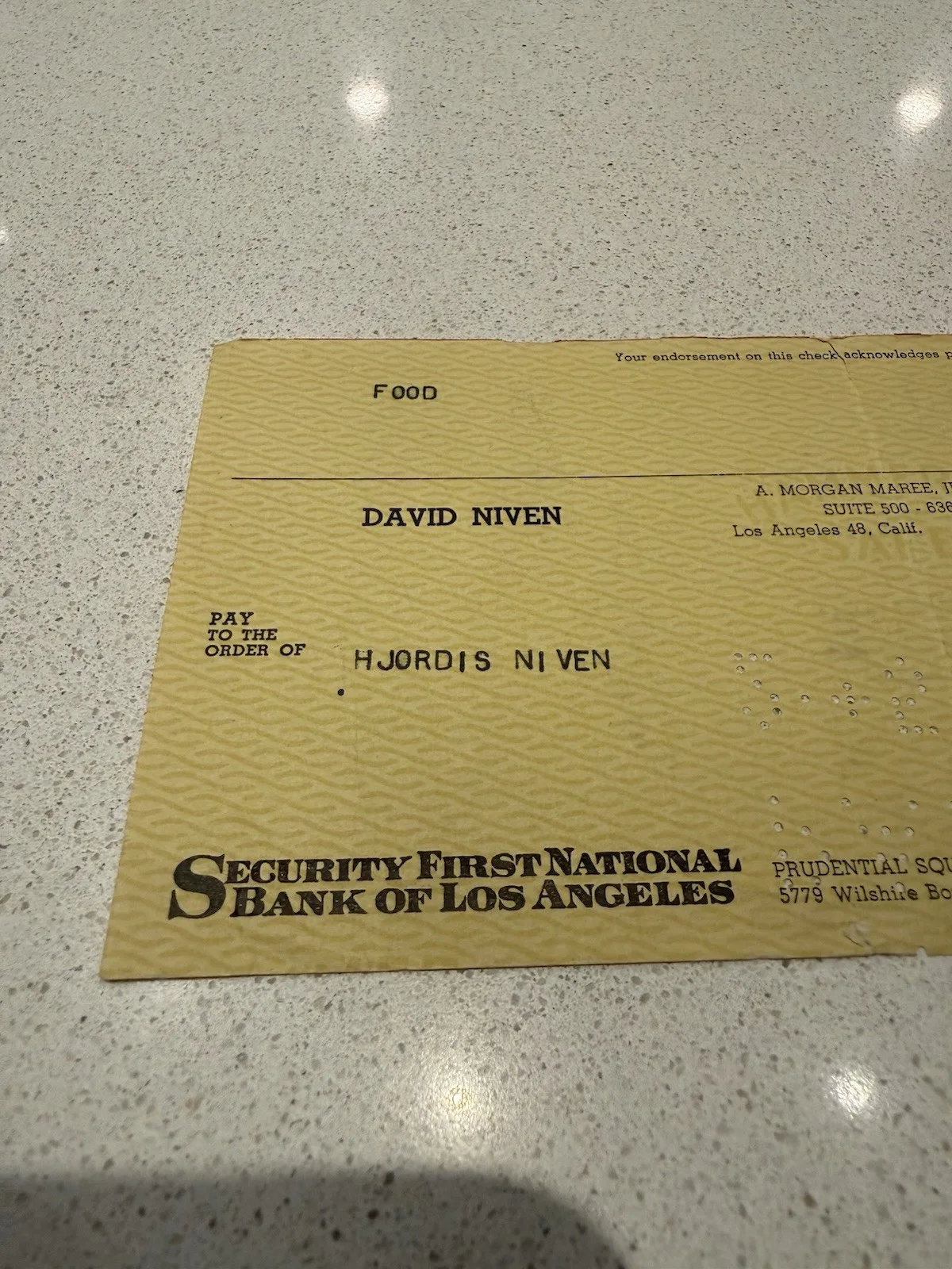 1960 Signed Personal Check – David Niven – $100 – Security First National 1960, image 4