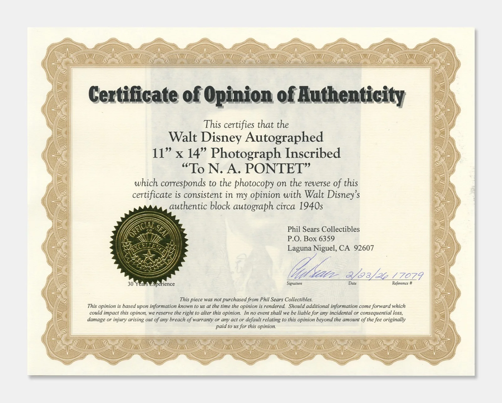 Walt Disney Large 11" x 14" Signed Photo - PSA/DNA Guaranteed w Phil Sears COA, image 4