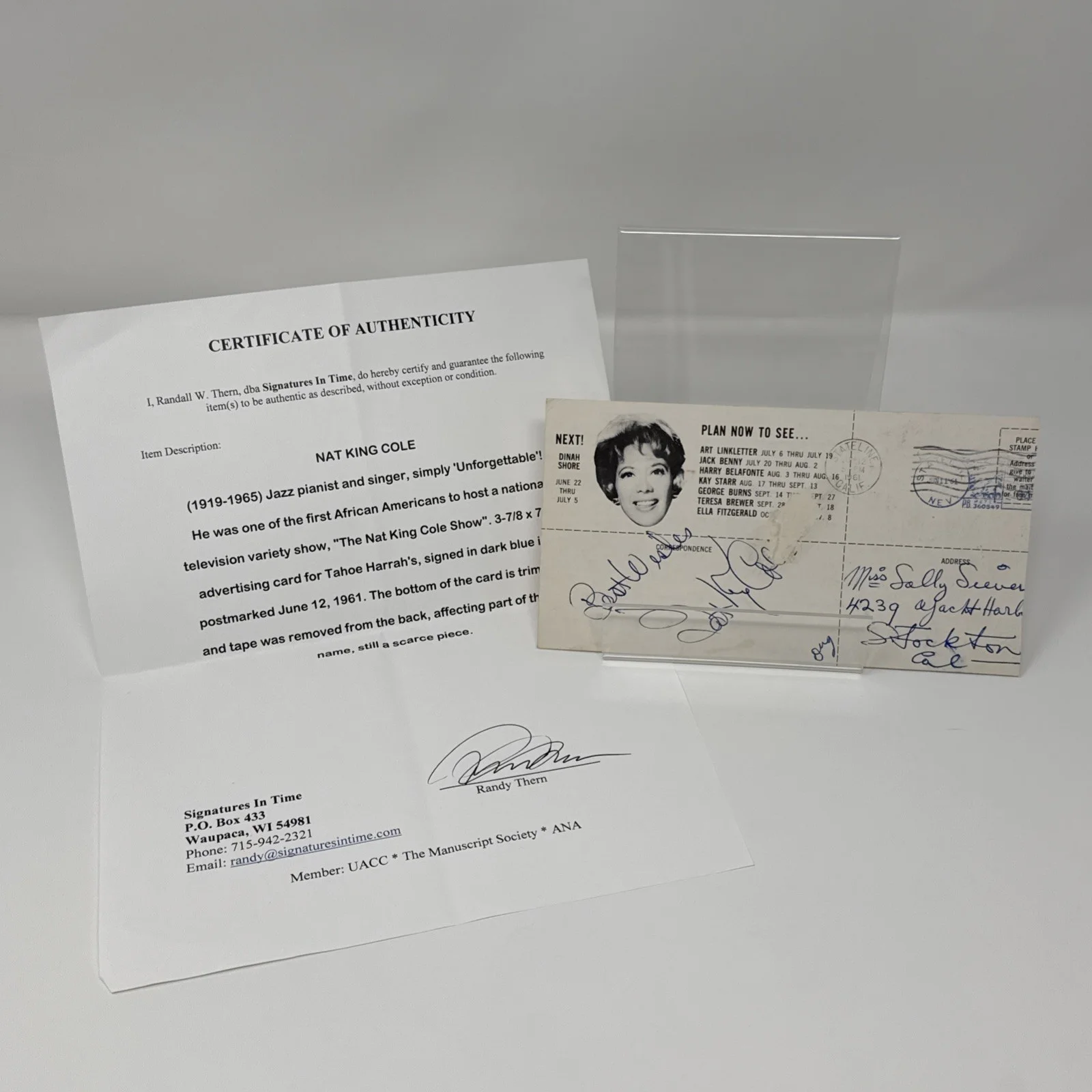 JAZZ MUSICIAN NAT KING COLE (1919-1965) AUTOGRAPHED HARRAH’S POSTCARD COA, изображение 2