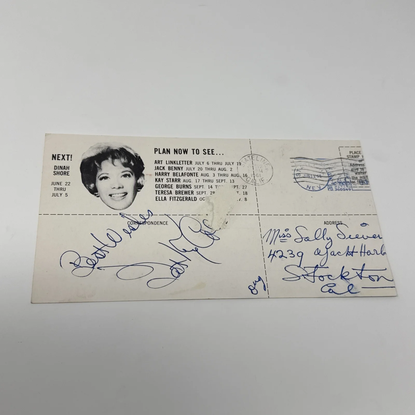 JAZZ MUSICIAN NAT KING COLE (1919-1965) AUTOGRAPHED HARRAH’S POSTCARD COA, изображение 3