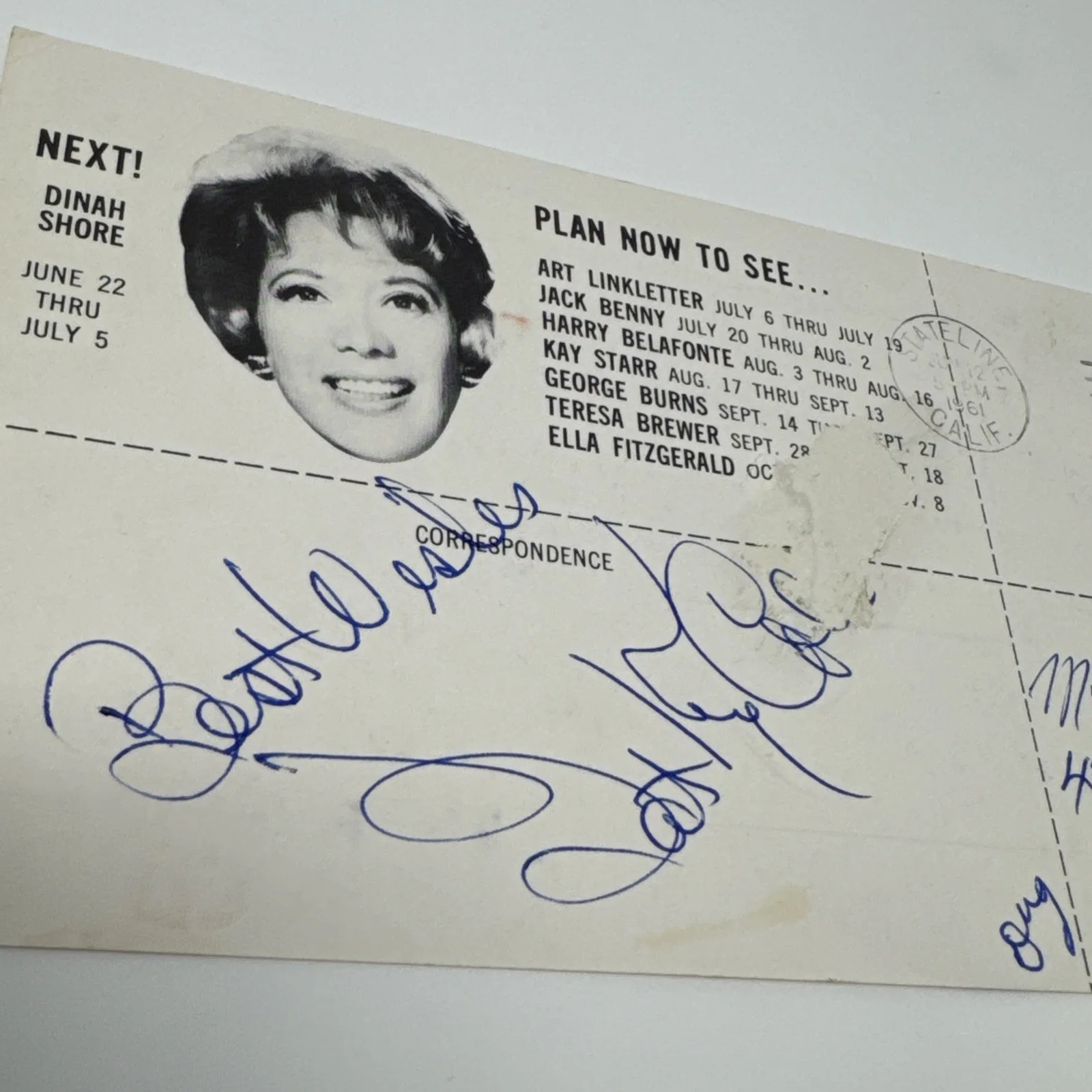 JAZZ MUSICIAN NAT KING COLE (1919-1965) AUTOGRAPHED HARRAH’S POSTCARD COA, изображение 4