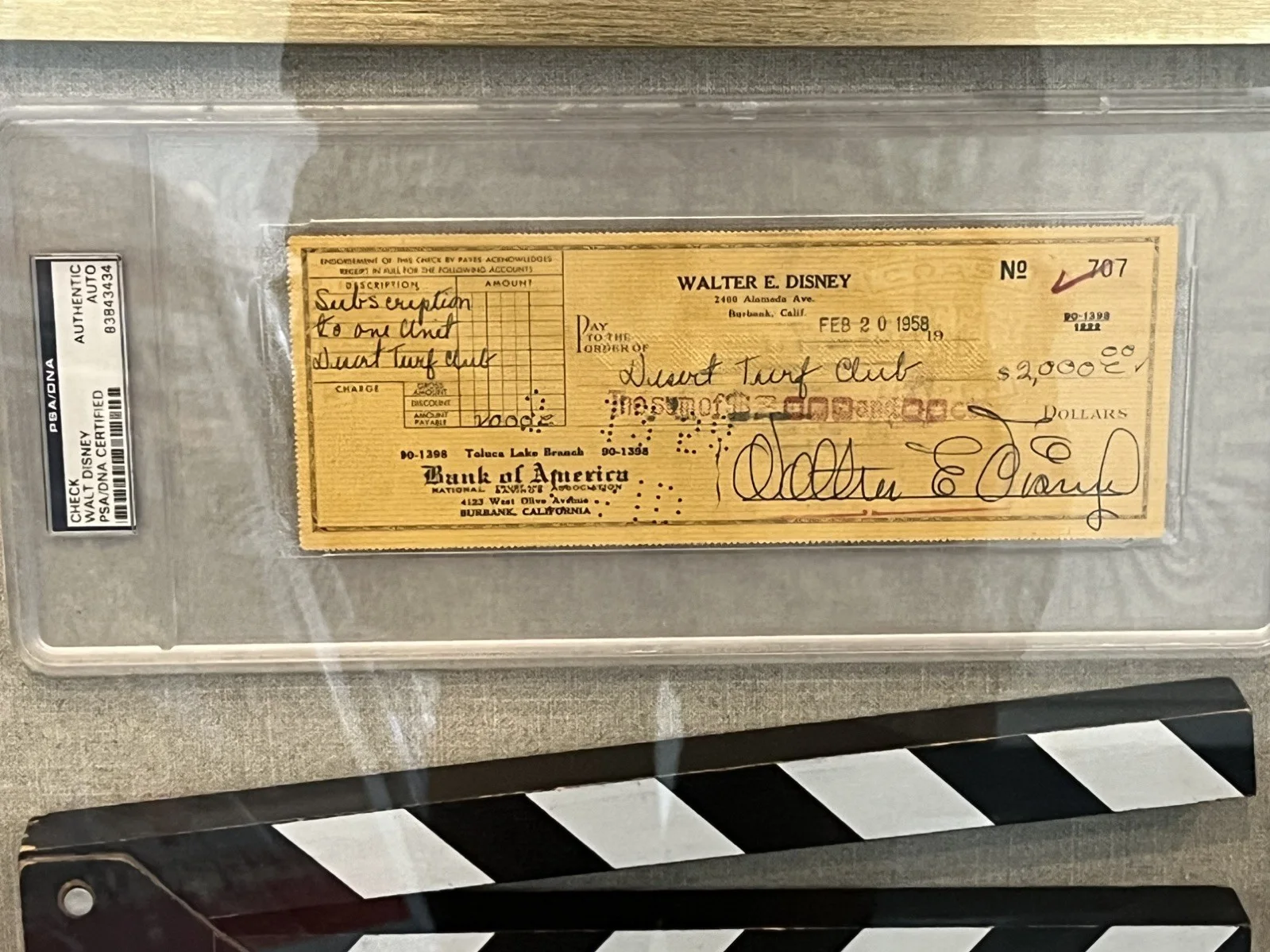 Walt Disney — Walt Disney Signed Check - Very Rare - 1958, PSA Authenticated***, & Framed, image 2