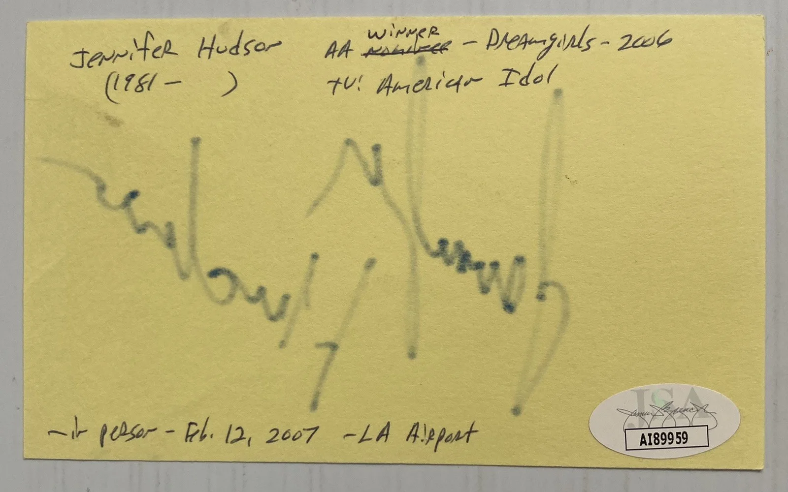 Jennifer Hudson — EGOT Winner Jennifer Hudson Signed Autograph 3x5 Index Card - JSA Cert - FREE SH, изображение 3