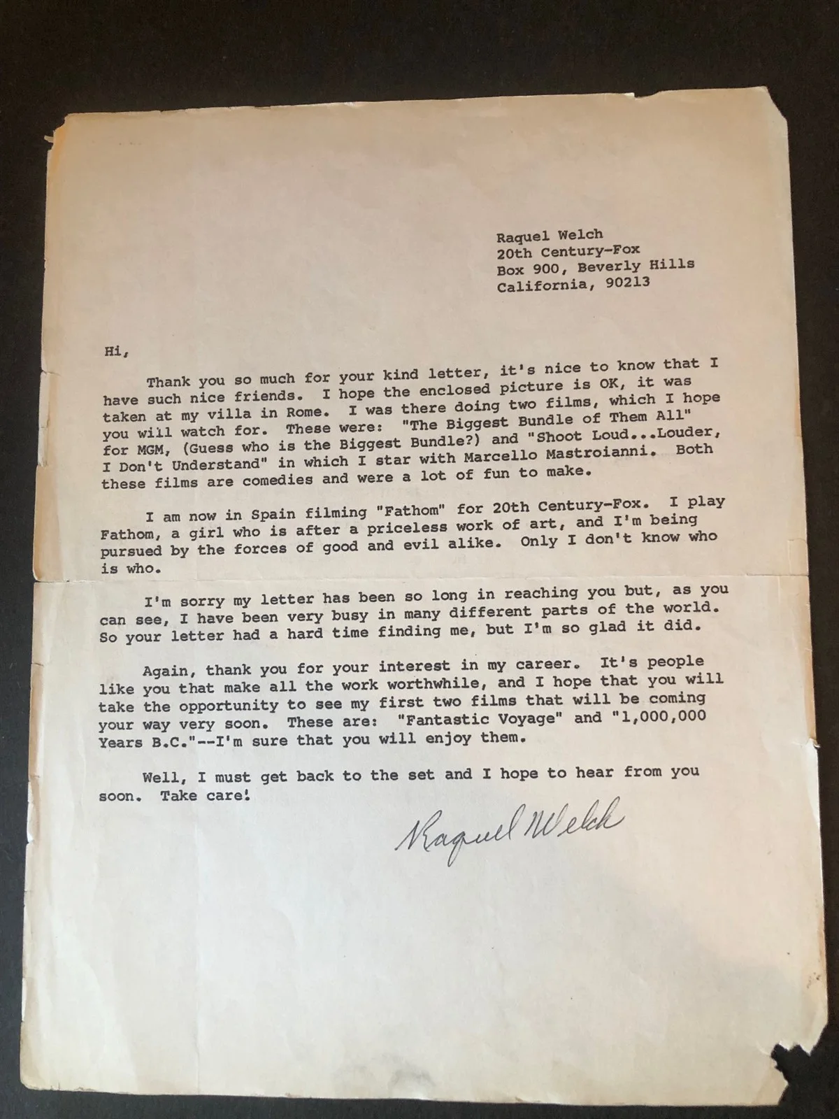 Raquel Welch Autograph Signed Fan Letter 1967 Nice Signature Rare, image 2