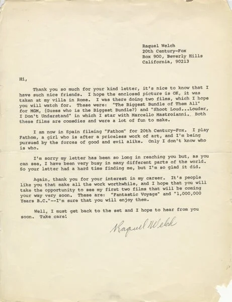 Raquel Welch Autograph Signed Fan Letter 1967 Nice Signature Rare, image 3
