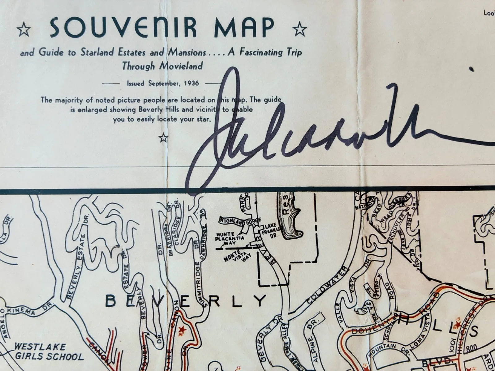 1930s Movieland Starland Estates Map w/celebrity Signature (?) Early MGM Era, изображение 2