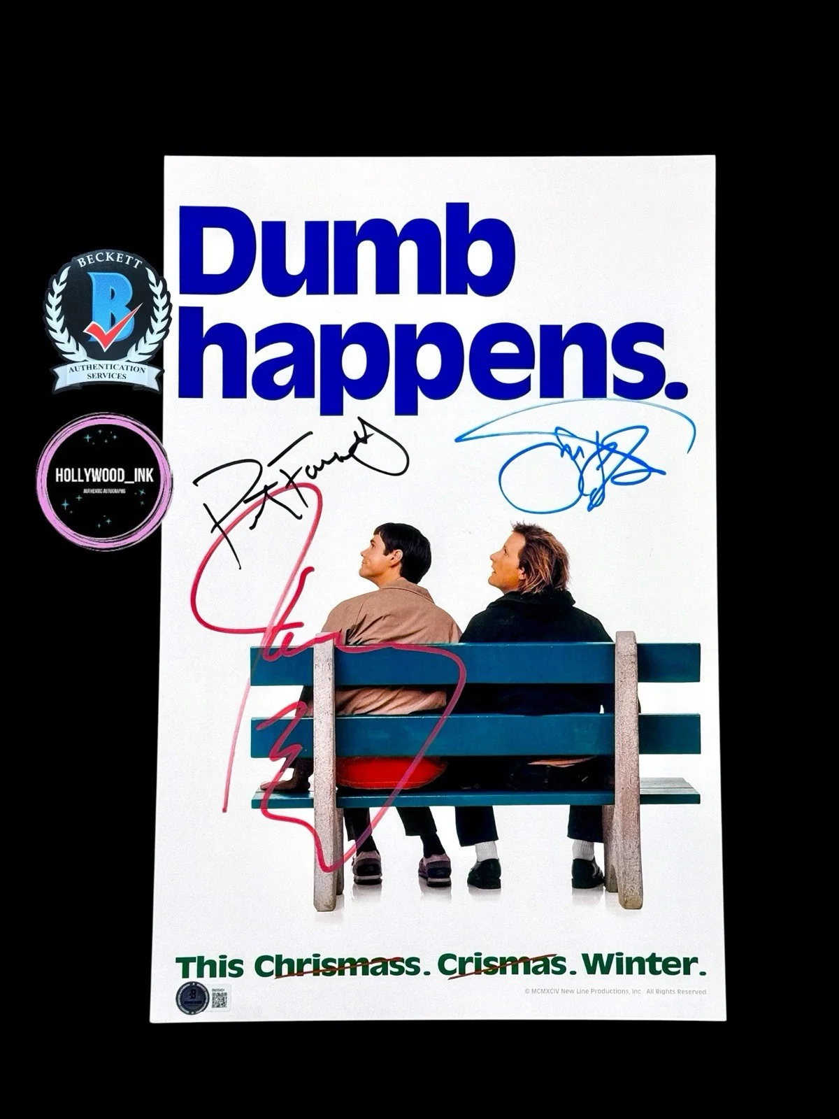 Jim Carrey, Jeff Daniels and Peter Farrelly — JIM CARREY, JEFF DANIELS+PETER F. SIGNED DUMB AND DUMBER 11x17 PHOTO BECKETT LOA