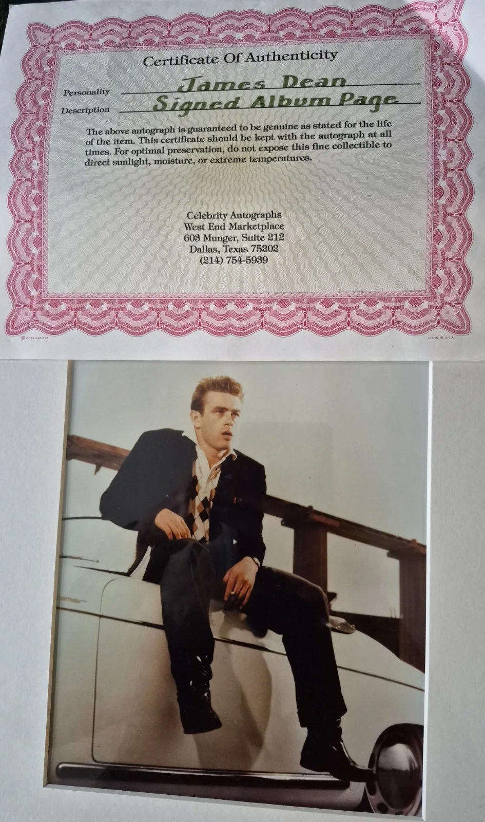 JAMES DEAN PHOTO WITH AUTOGRAPH 1955 - CERTIFIED - IN FRAME - IN GOOD CONDITION, изображение 3
