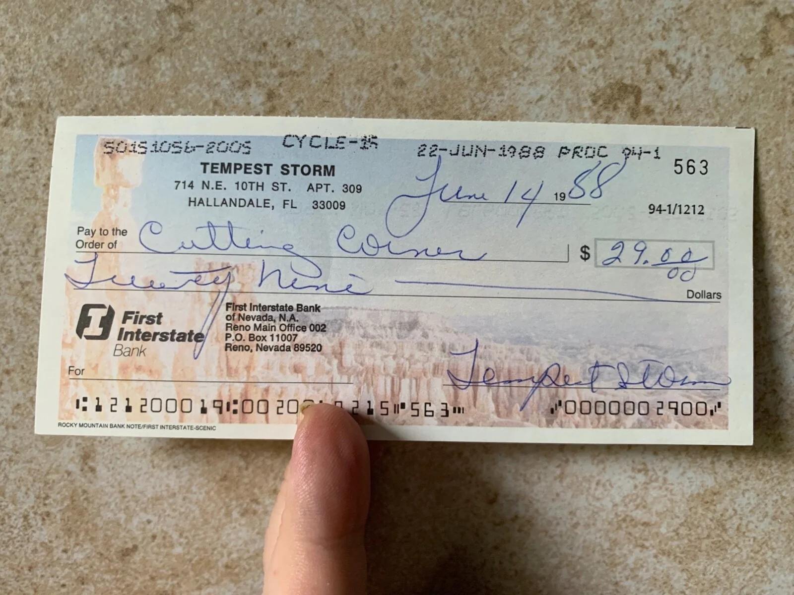 Tempest Storm — TEMPEST STORM burlesque star hand written signed checks autograph, image 2