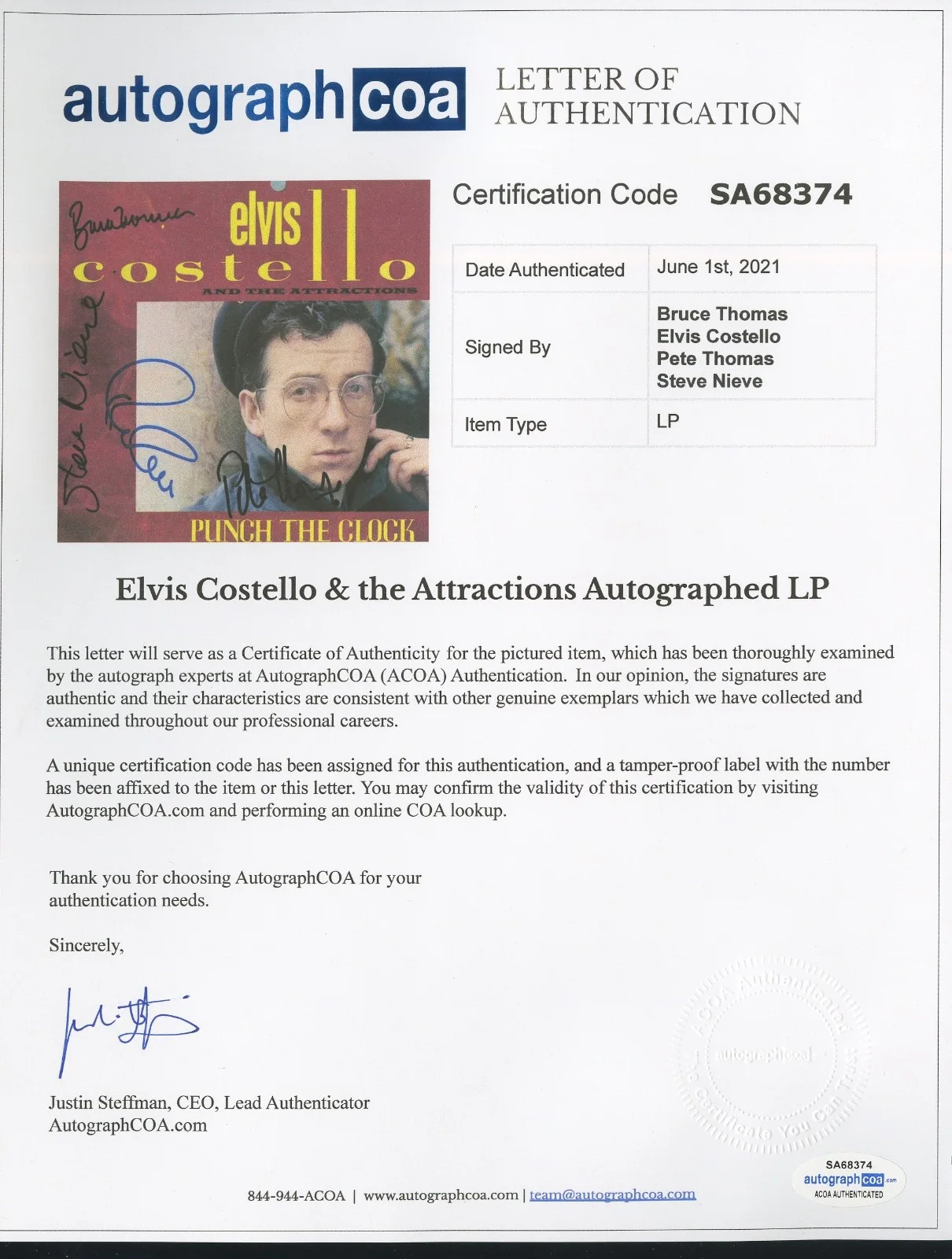 ELVIS COSTELLO Punch The Clock SIGNED RECORD Pete, Steve, & Bruce ACOA, image 2