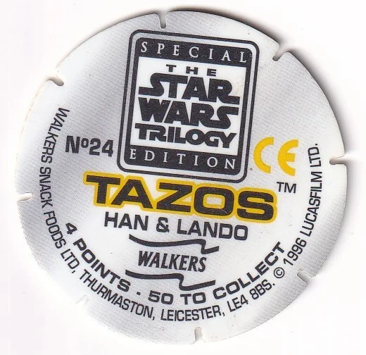 1996 WALKERS - STAR WARS TRILOGY - SINGLE TAZO No 24 HAN & LANDO, изображение 2