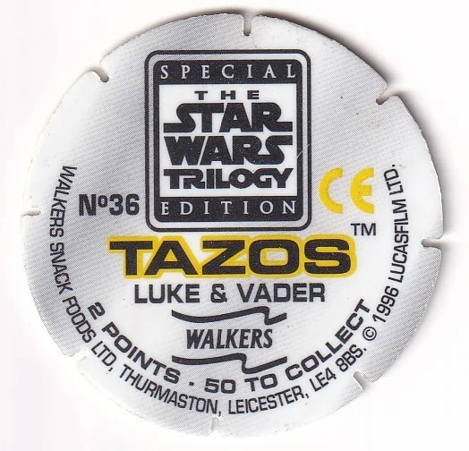 1996 WALKERS - STAR WARS TRILOGY - SINGLE TAZO No 36 LUKE & VADER, изображение 2