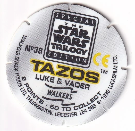1996 WALKERS - STAR WARS TRILOGY - SINGLE TAZO No 38 LUKE & VADER, изображение 2
