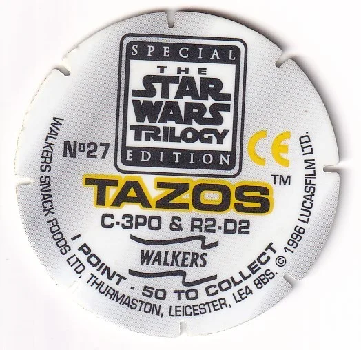 1996 WALKERS - STAR WARS TRILOGY - SINGLE TAZO No 27 C-3PO & R2-D2, image 2