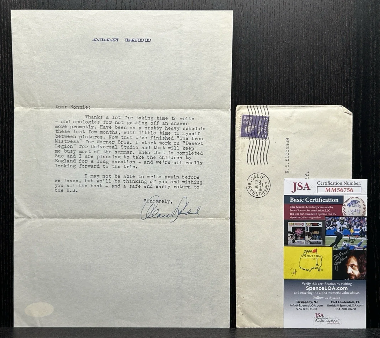 Alan Ladd — *** ALAN LADD VINTAGE SIGNED LETTER (1952) *** JSA COA Autograph ACTOR, PRODUCER