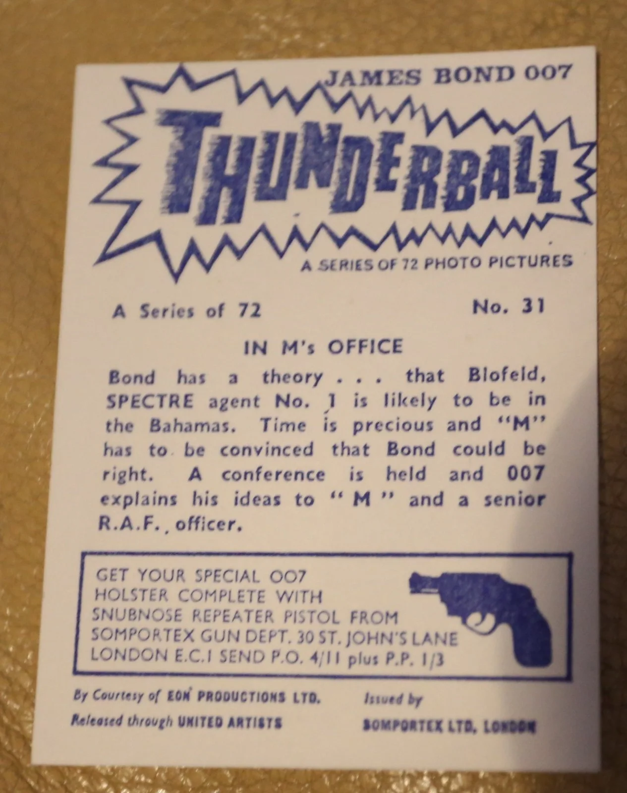 JAMES BOND SOMPORTEX THUNDERBALL 1966 ORIGINAL TRADING CARD EX COND NUMBER 31, image 2