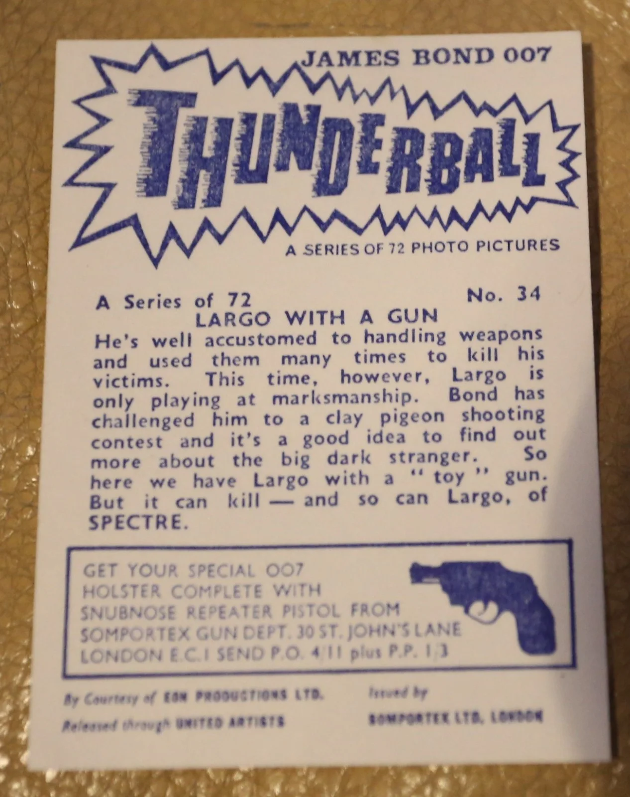 JAMES BOND SOMPORTEX THUNDERBALL 1966 ORIGINAL TRADING CARD EX COND NUMBER 34, image 2