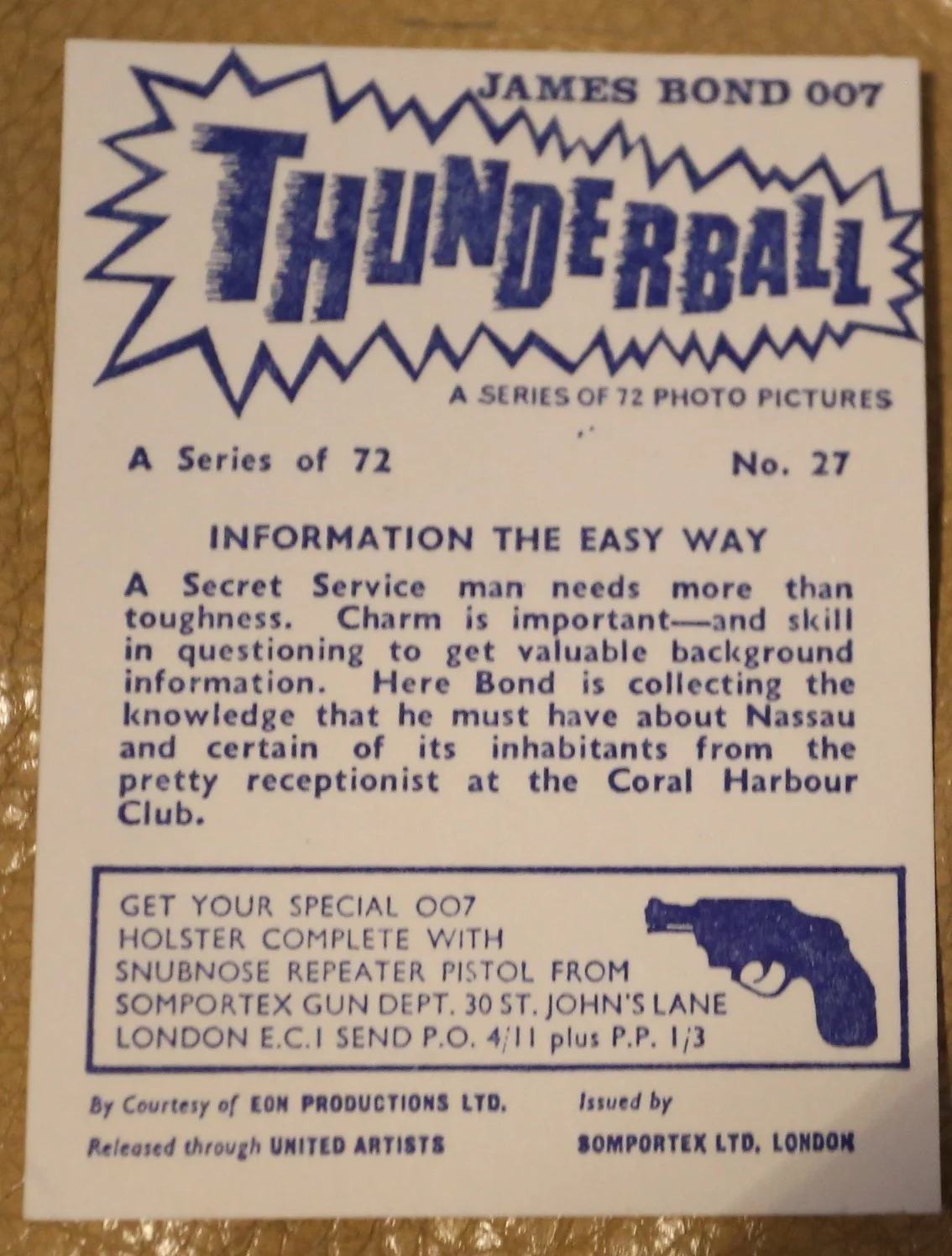 JAMES BOND SOMPORTEX THUNDERBALL 1966 ORIGINAL TRADING CARD EX COND NUMBER 27, изображение 2