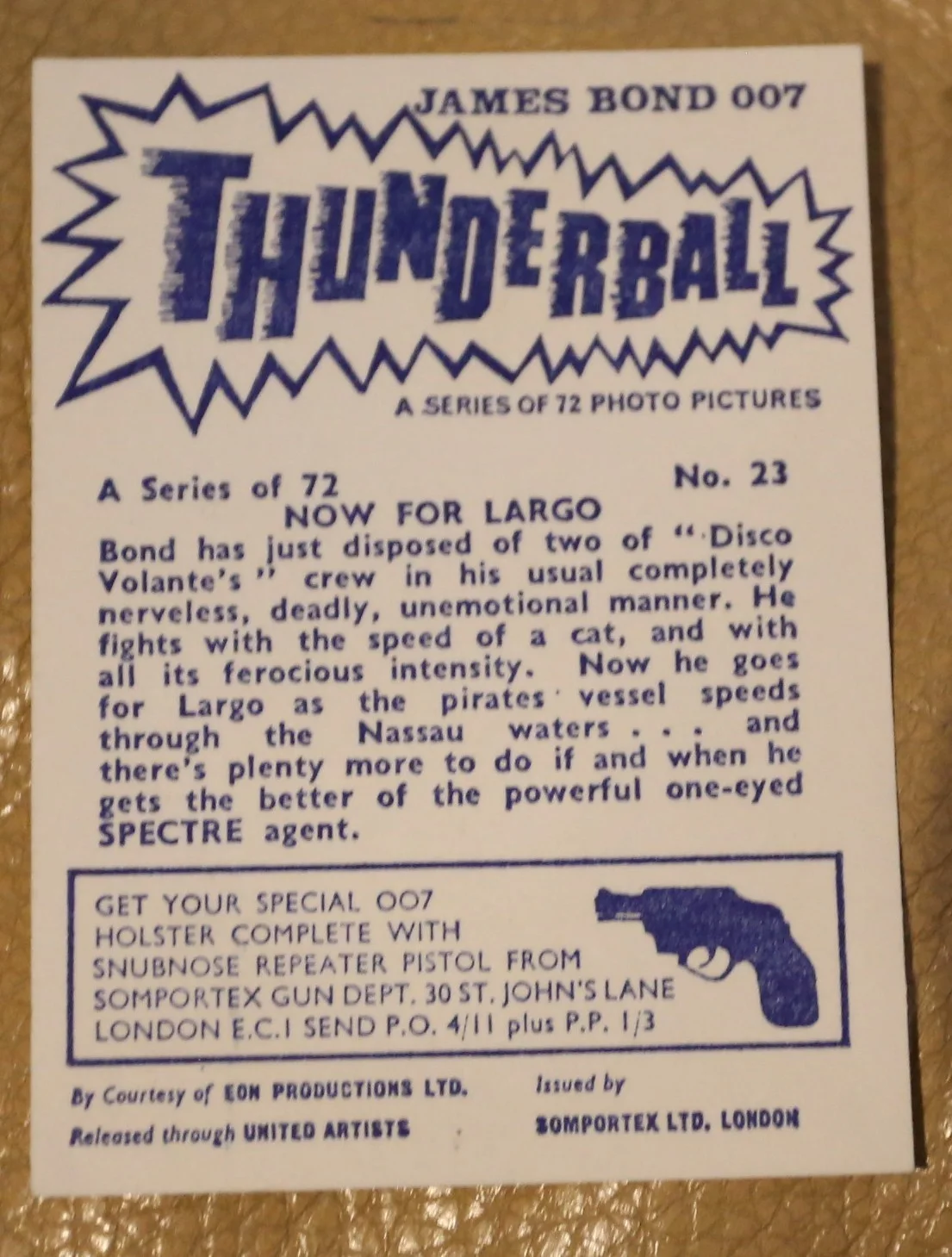 JAMES BOND SOMPORTEX THUNDERBALL 1966 ORIGINAL TRADING CARD EX COND NUMBER 23, image 2