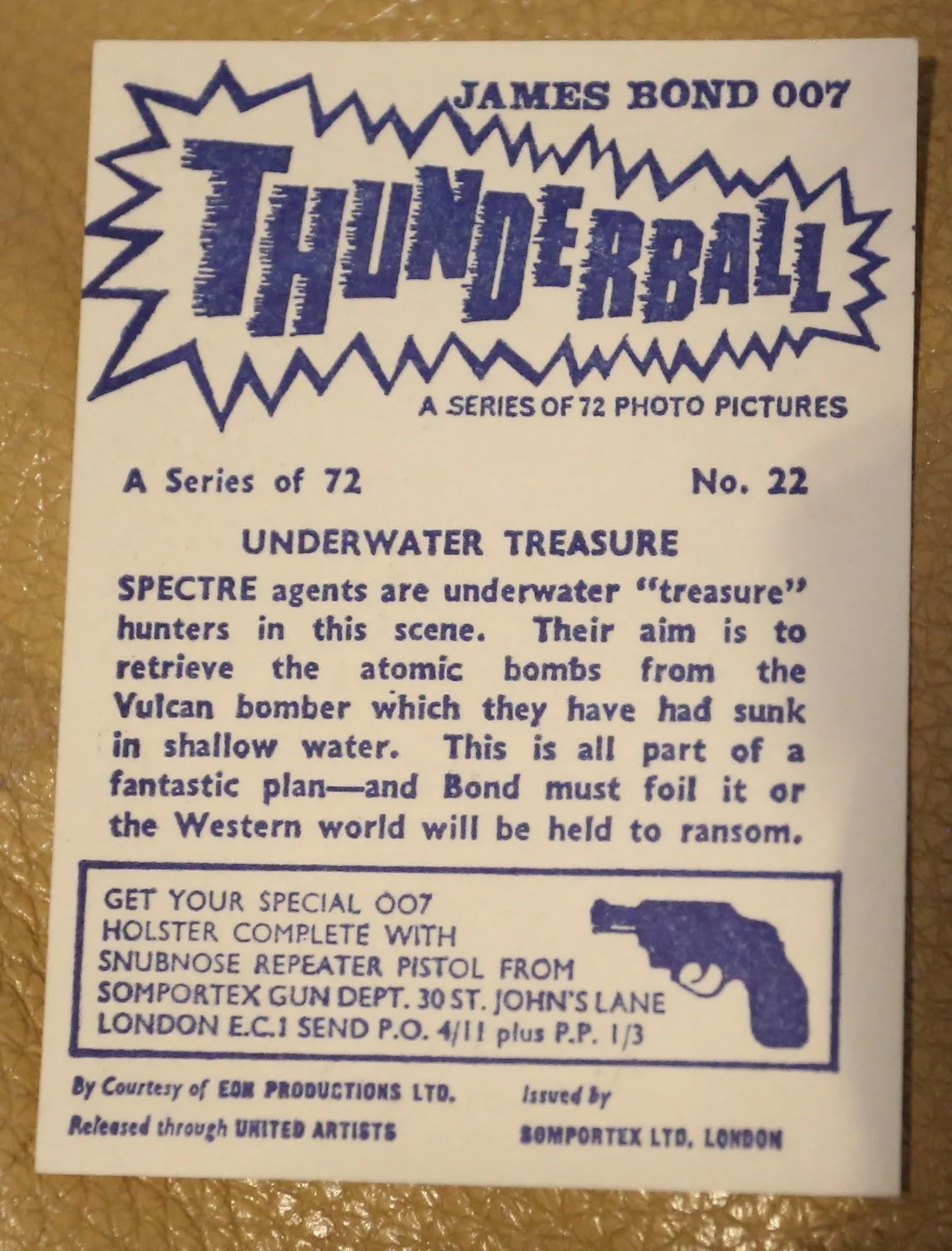 JAMES BOND SOMPORTEX THUNDERBALL 1966 ORIGINAL TRADING CARD EX COND NUMBER 22, изображение 2