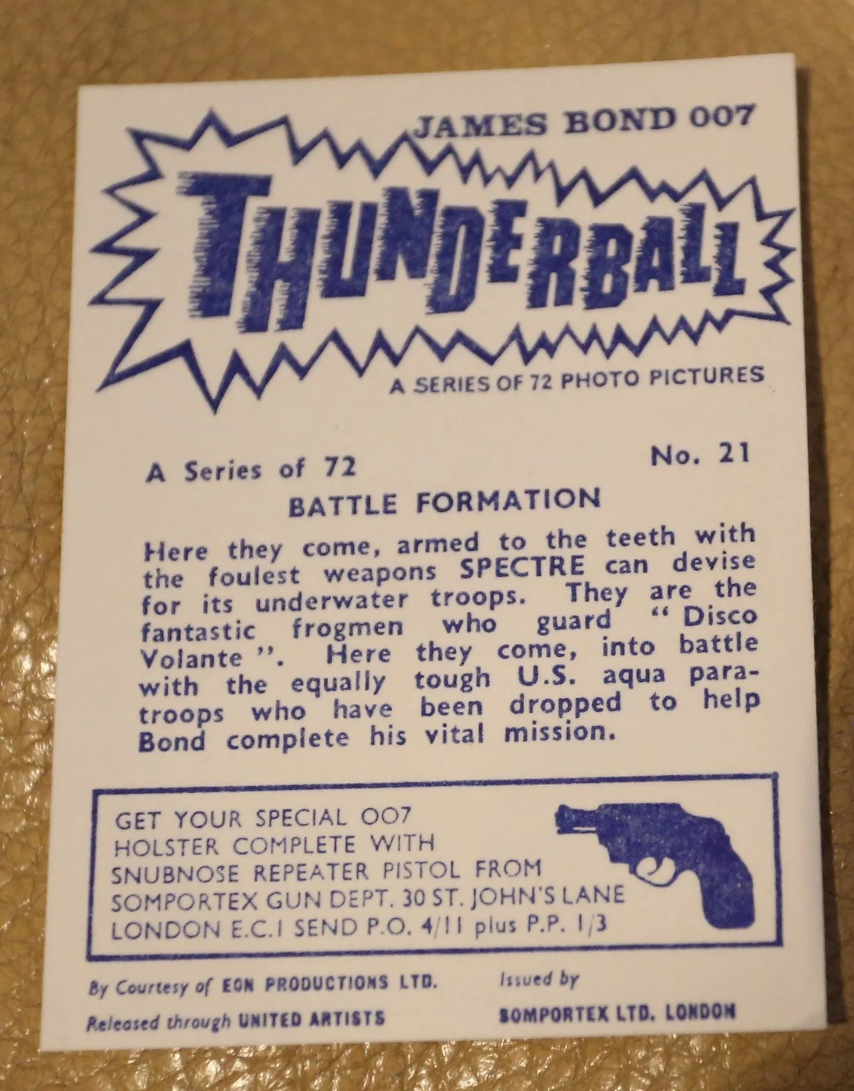 JAMES BOND SOMPORTEX THUNDERBALL 1966 ORIGINAL TRADING CARD EX COND NUMBER 21, image 2