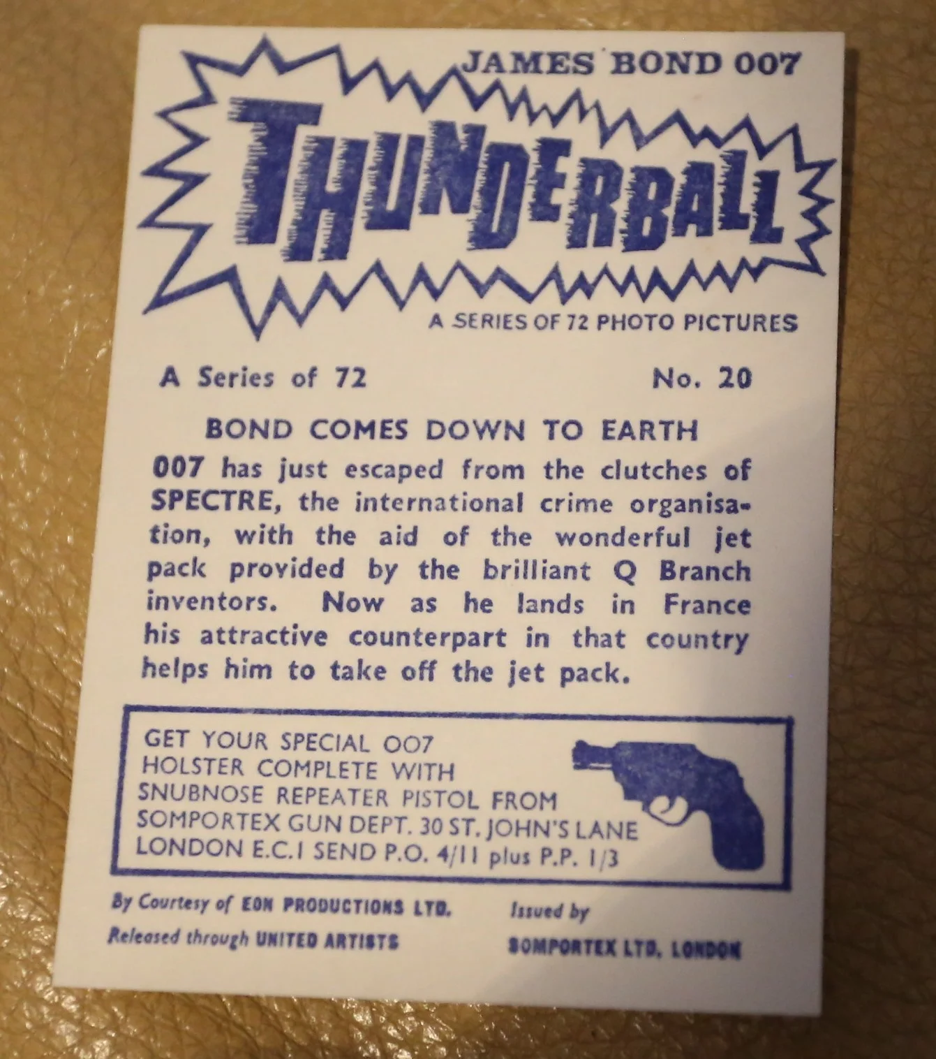 JAMES BOND SOMPORTEX THUNDERBALL 1966 ORIGINAL TRADING CARD EX COND NUMBER 20, изображение 2