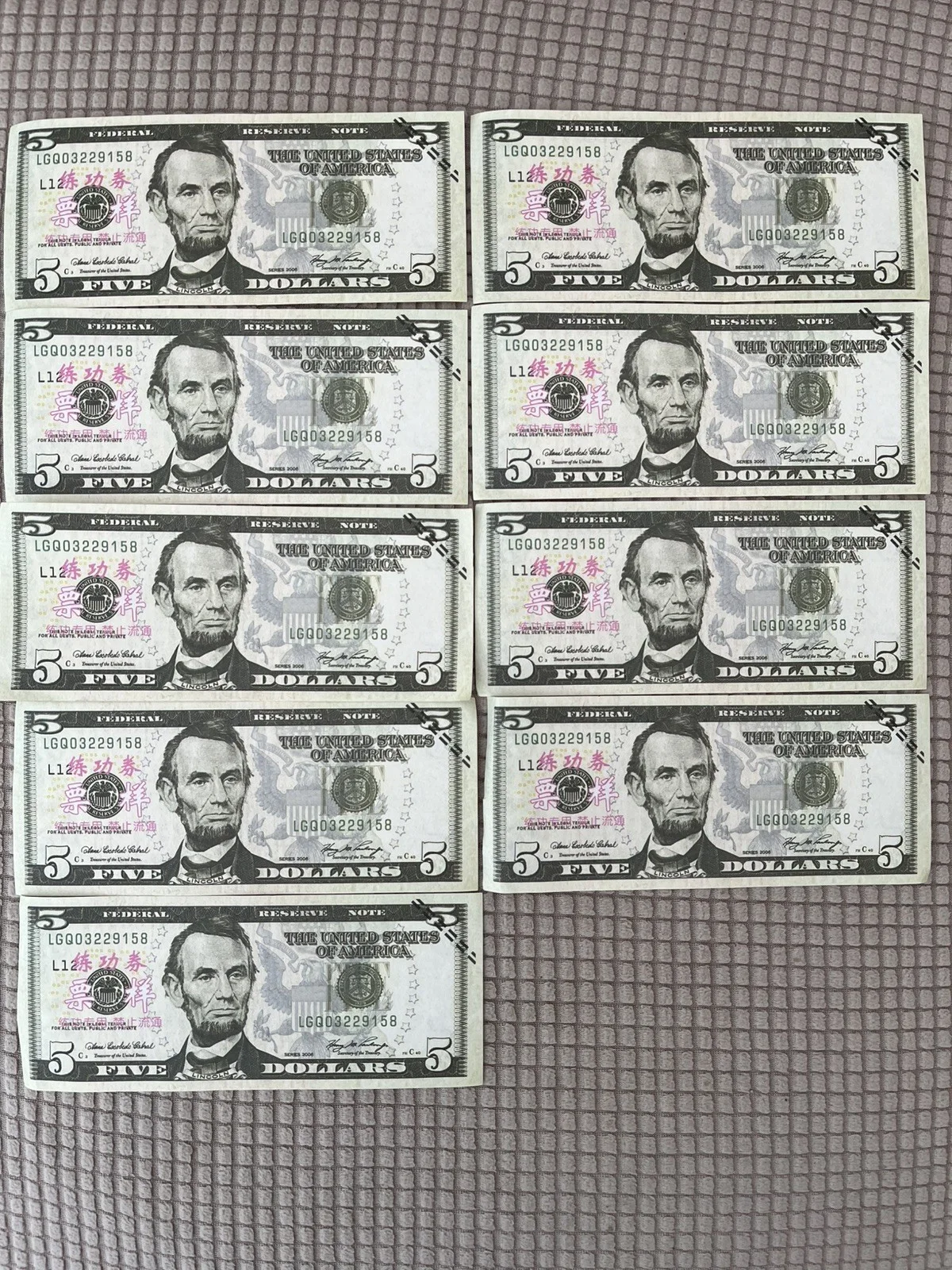 Prop 9 REALISTIC High Quality 5 Dollar Bills REPLICA (9 Bill Lot) USD Dollars $5, изображение 2