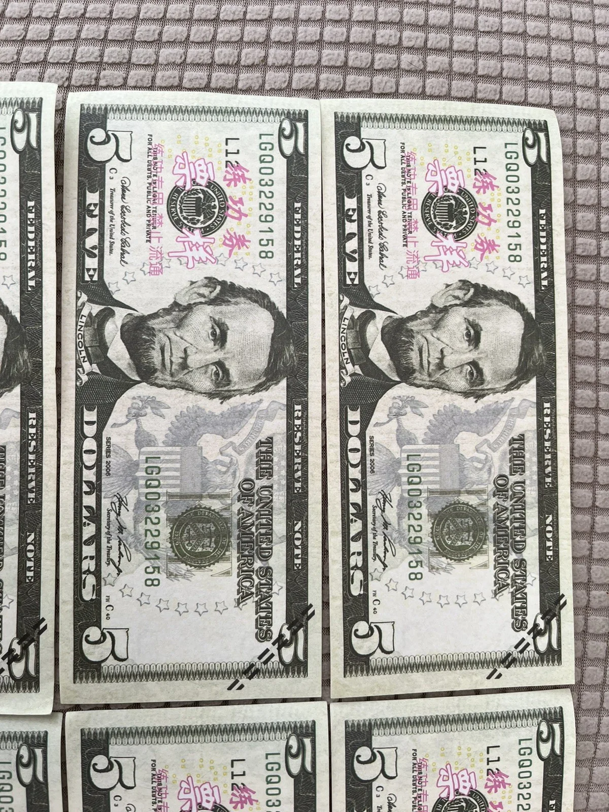 Prop 9 REALISTIC High Quality 5 Dollar Bills REPLICA (9 Bill Lot) USD Dollars $5, изображение 3