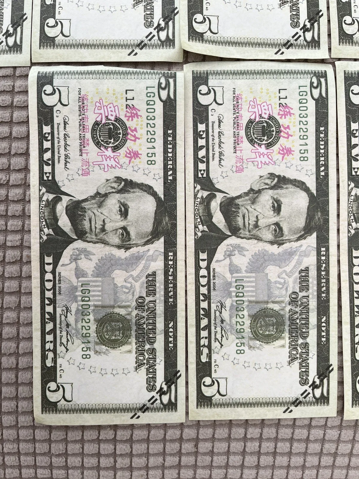 Prop 9 REALISTIC High Quality 5 Dollar Bills REPLICA (9 Bill Lot) USD Dollars $5, изображение 5