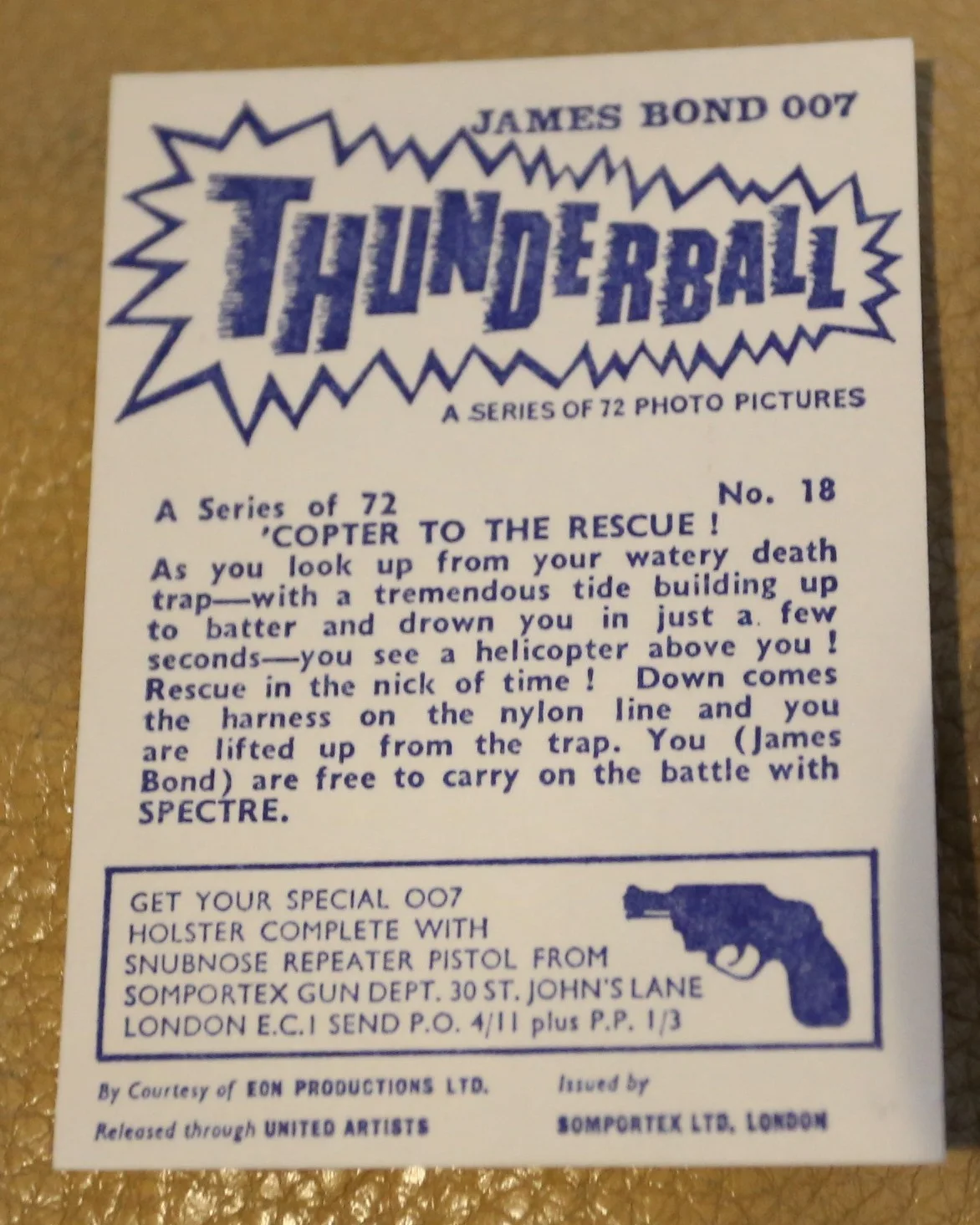 JAMES BOND SOMPORTEX THUNDERBALL 1966 ORIGINAL TRADING CARD EX COND NUMBER 18, image 2