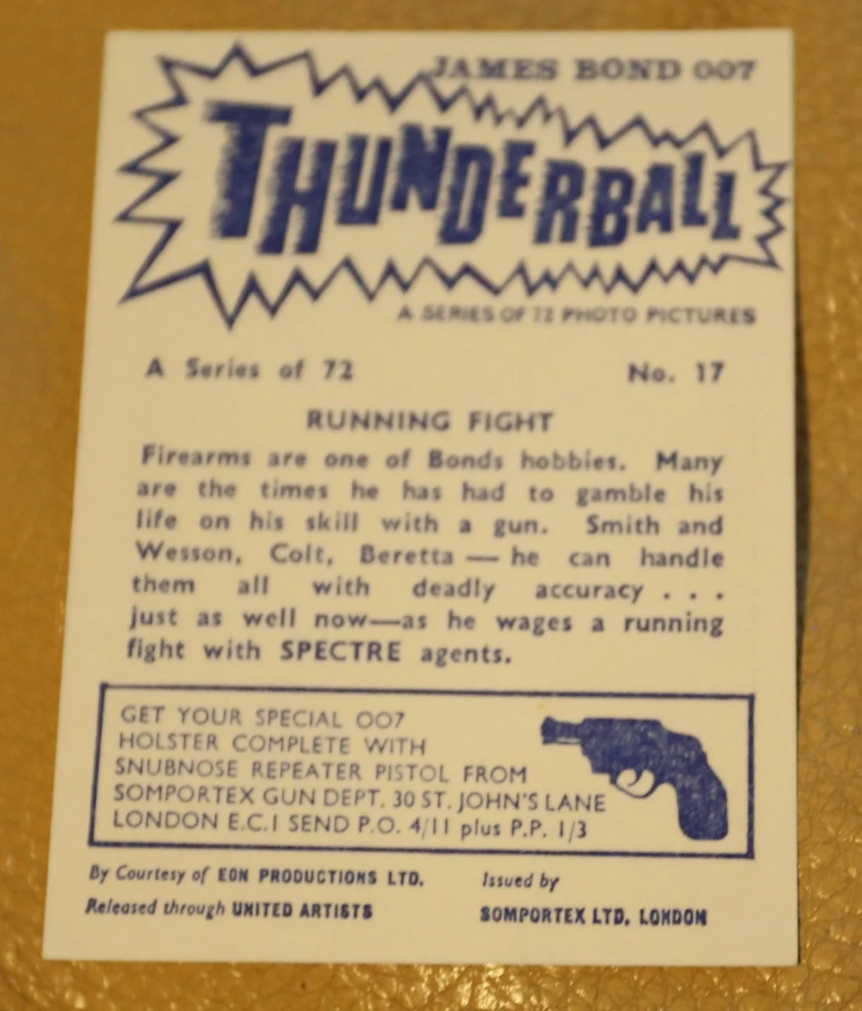 JAMES BOND SOMPORTEX THUNDERBALL 1966 ORIGINAL TRADING CARD EX COND NUMBER 17, image 2