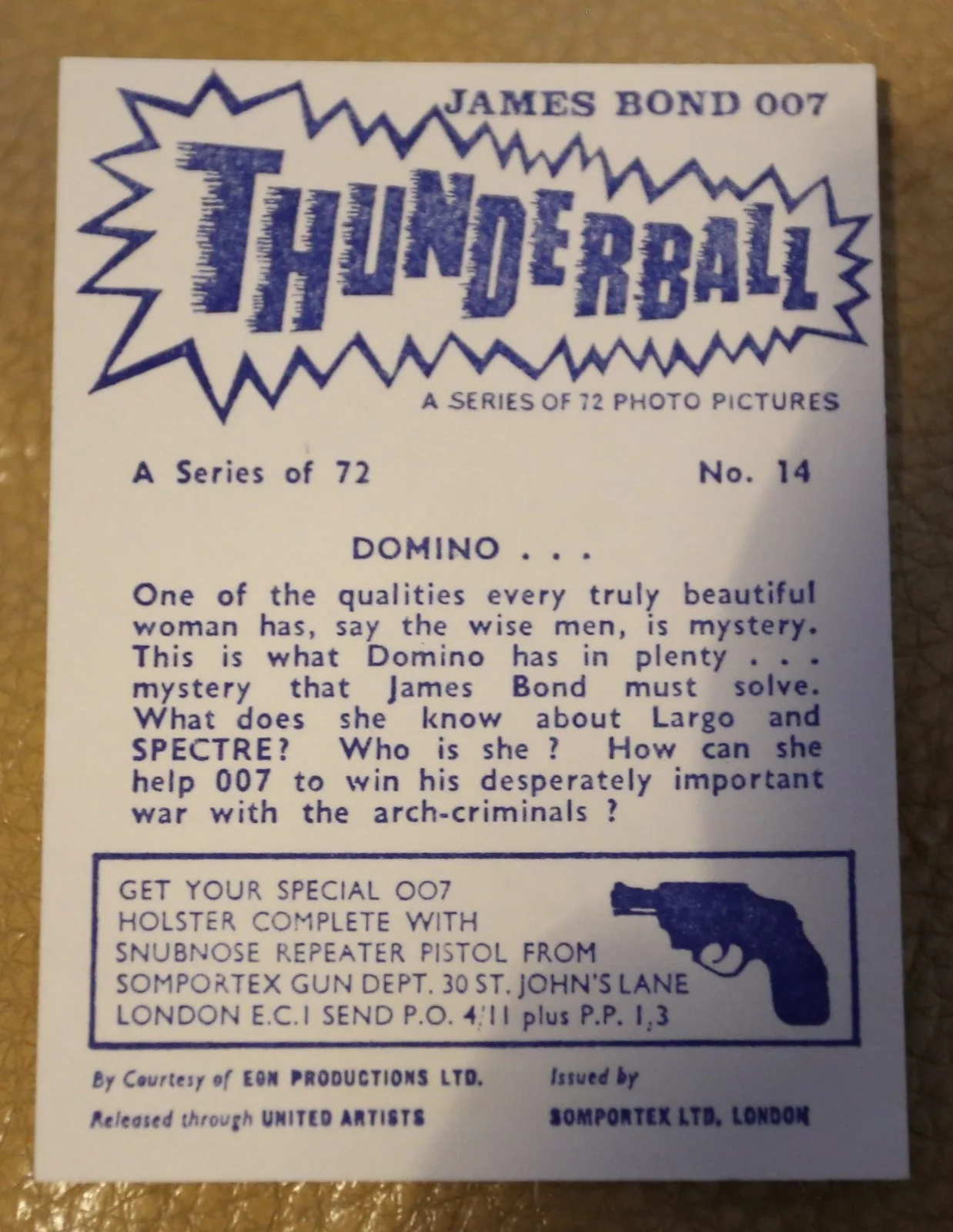 JAMES BOND SOMPORTEX THUNDERBALL 1966 ORIGINAL TRADING CARD EX COND NUMBER 14, image 2