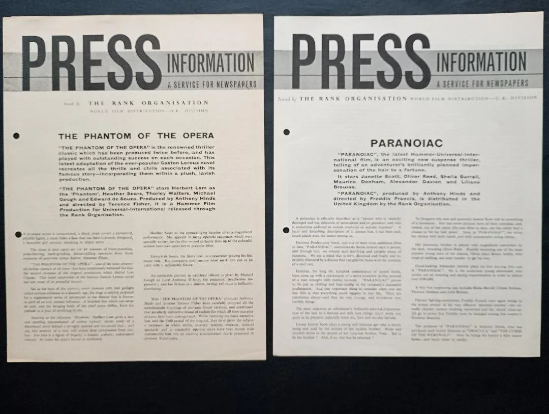 HAMMER FILMS x 4 press information leaflets, image 2