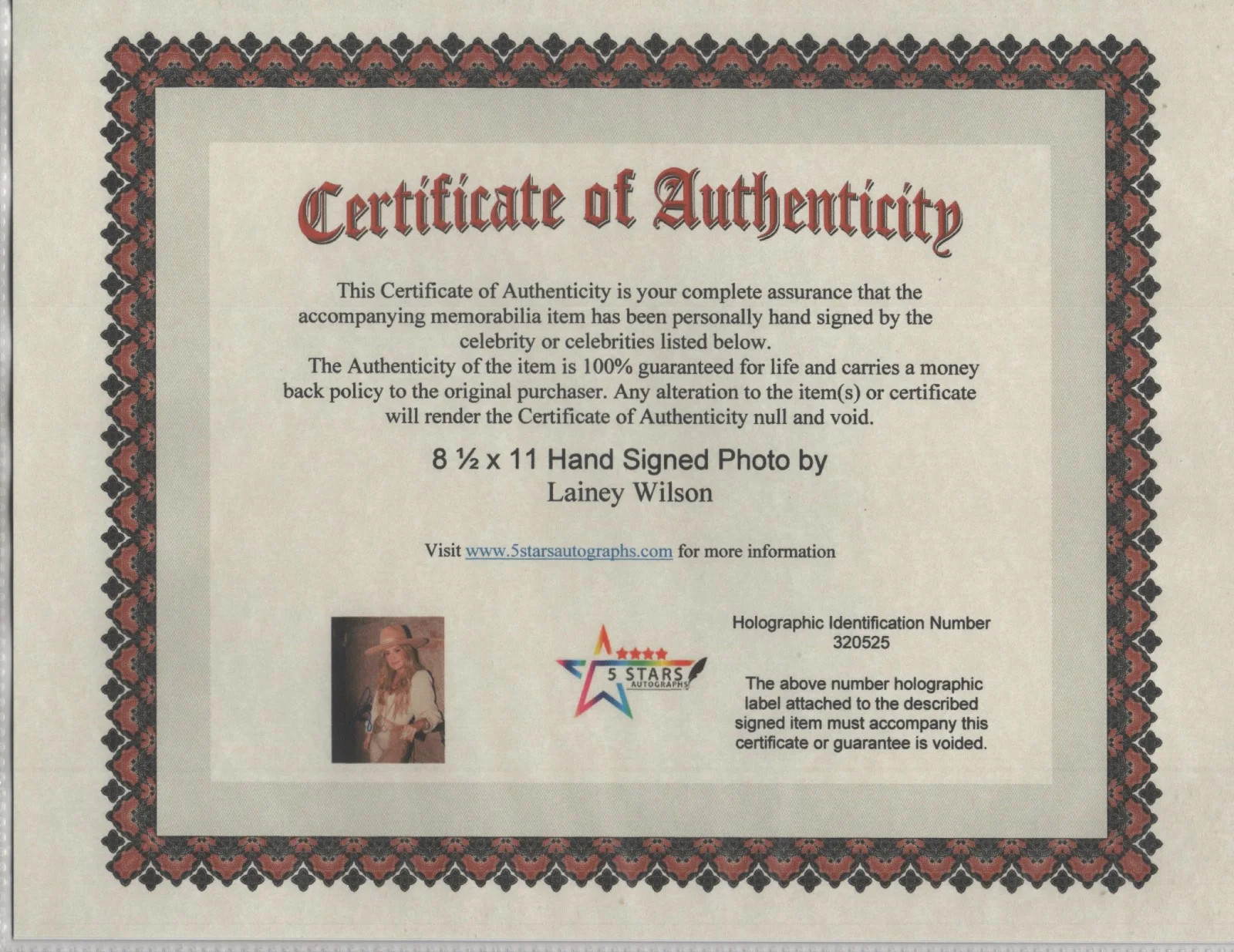 LAINEY WILSON SEXY COUNTRY SINGER AUTOGRAPHED 8 1/2 X 11 PHOTO / COA, изображение 2