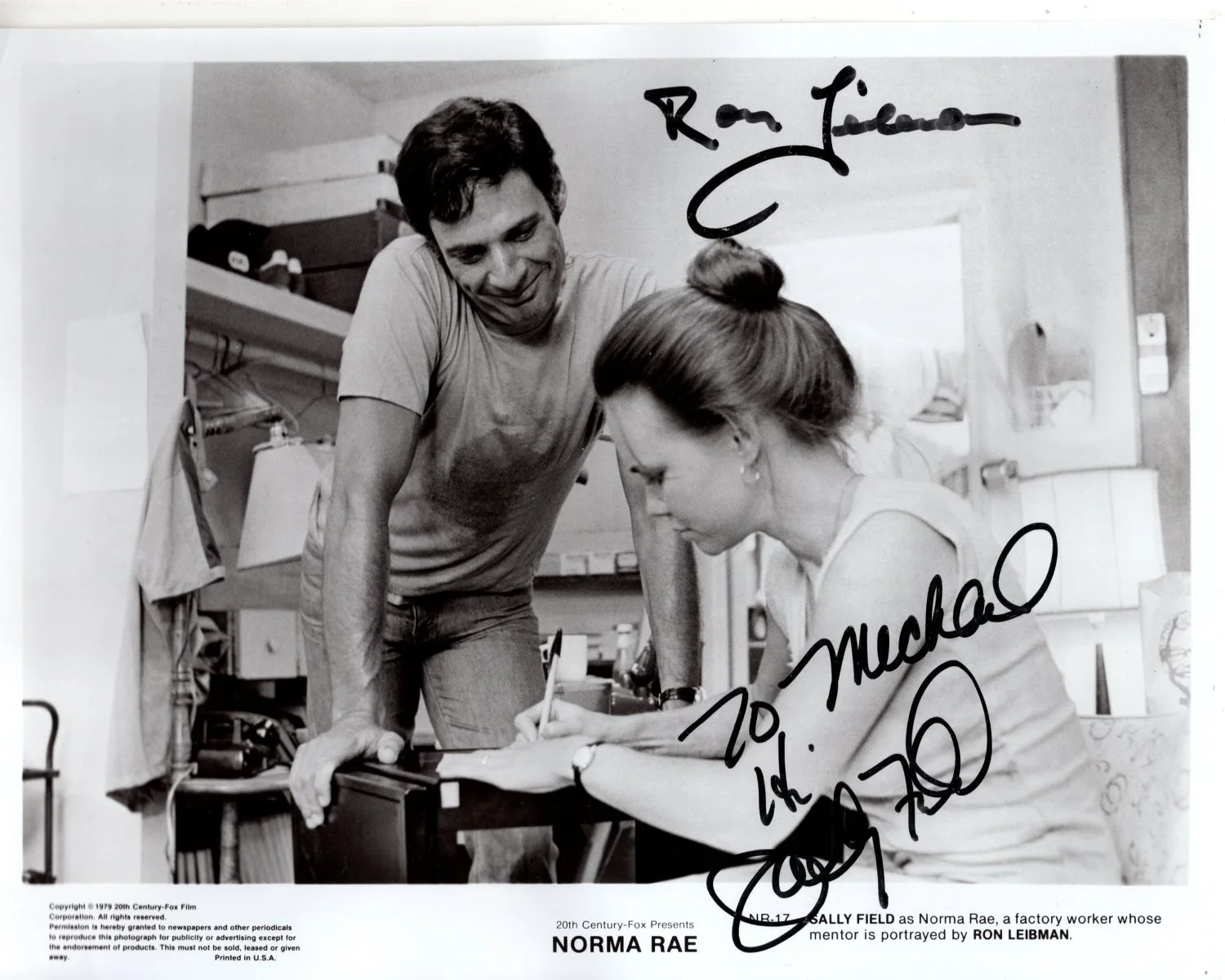 Ron Leibman and Sally Field — RON LEIBMAN and SALLY FIELD Signed 8x10 NORMA RAE Press Photograph - To Michael